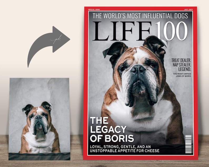 Custom LIFE Dog Magazine Cover — Dog photo turned into LIFE 100 “Legacy of Boris” magazine cover.
