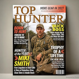 May include: A magazine cover with the title "TOP HUNTER" showing a man in camouflage clothing with a rifle and a deer. Text includes "Born to Hunt", "Buck Boss", and "Hunter of the Year! Mike Smith". The cover is a special edition.