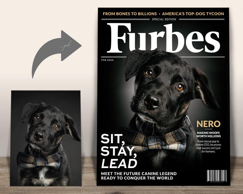 Custom Furbes Dog Magazine Cover — Dog photo turned into a Furbes “Sit, Stay, Lead” magazine cover.