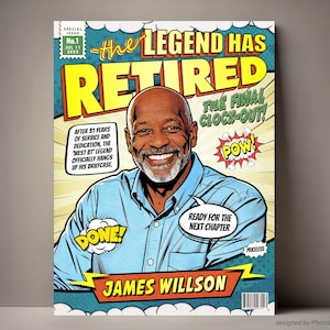 Portada de cómic de jubilación personalizada, regalos de jubilación personalizados para hombres y mujeres, retrato divertido de caricatura de jubilación, la leyenda se ha jubilado