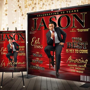Custom Birthday Backdrop for Men, Red Gold Luxury Banner with Photo, All Ages 50th 40th Birthday Magazine Poster, Personalized Welcome Sign
