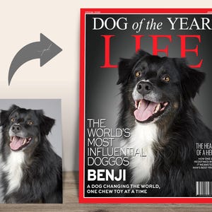 Custom Time Dog of the Year Magazine Cover — Personalized LIFE magazine-style cover featuring Benji, made-to-order dog portrait.