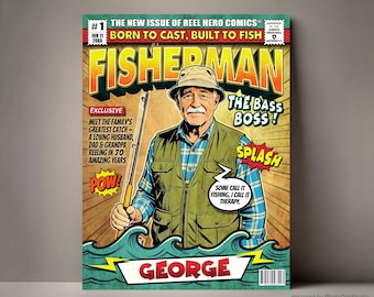 Custom Fisherman Comic Book Fishing Gifts for Men, Fishing Cartoon Portrait Personalized Gifts for Him, Fisherman Gifts for Dad Grandpa Son