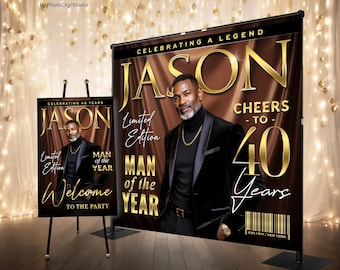 Custom Magazine Backdrop with Photo, Black Gold Birthday Banner for Men, Man of the Year Party Backdrop, Personalized Welcome Sign Decor