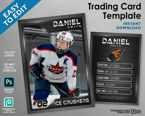 Ice Hockey Trading Card Template Graphite Theme, PSD Template Fully Customizable, Hockey Gifts for Boys Hockey Mom, Hockey Team Sports Gifts Il_570xn
