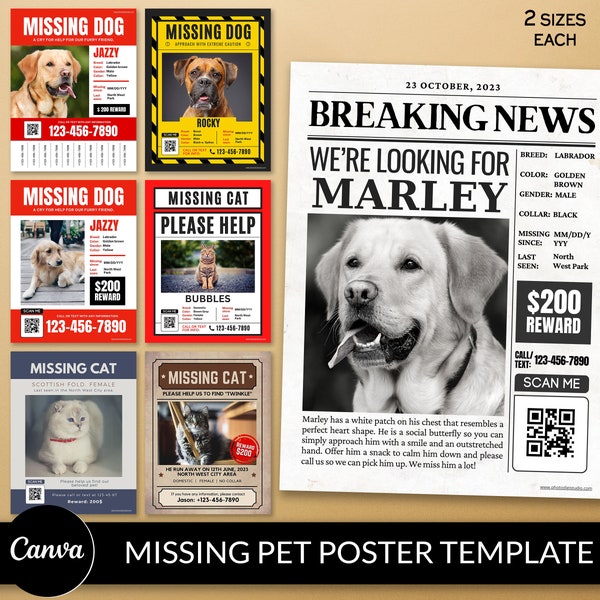 Missing Dog Poster Template, DIY Missing Cat Sign, Lost Pet Flyer, Dog Warning Sign, Lost and Found Pets Poster, Canva Template Editable