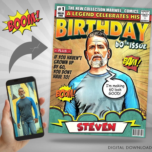 Custom Comic Book Cover For Any Age 40th 25th Birthday Gift for Men, Custom Birthday Cartoon Portrait from Photo, Personalized Gift for Him