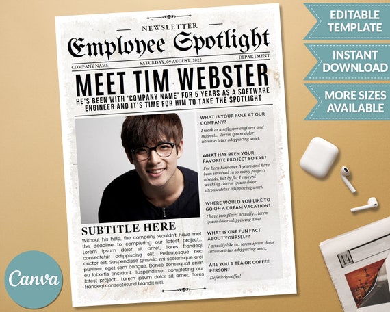 Employee Spotlight Newsletter Template Printable Employee of the Month Template with Photo Newspaper Template, Meet the Team, Fully Editable Il_570xn