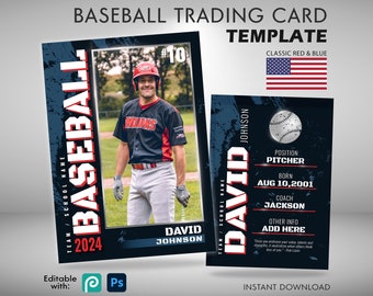 Custom Baseball Card Template, Baseball Trading Card PSD Template, Classic Red and Blue Player Card, Coach Gifts Baseball Team Gifts