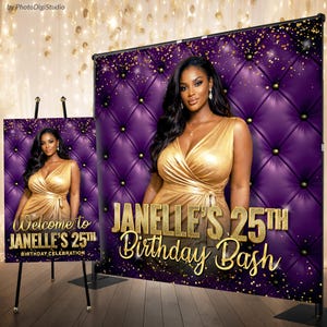 May include: A purple backdrop with a diamond-patterned design and gold text reading "Janelle's 25th Birthday Bash." A woman in a gold dress is featured. A smaller version of the backdrop is displayed on an easel.