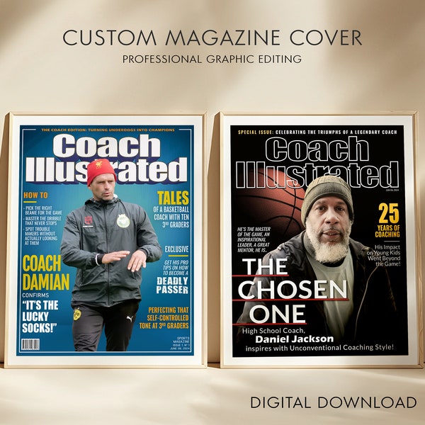 Personalized Basketball Gift for Coach, Custom Baseball Coach Gift, Unique Team Coach Gift, Custom Sports Magazine Cover for all Sports