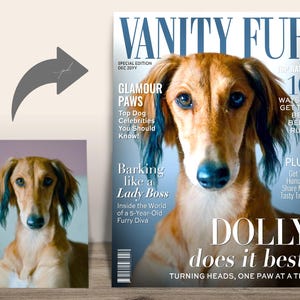 Custom Vanity Fur Magazine Cover — Dog photo turned into Vanity Fur “Dolly Does It Best” glamour-style cover.