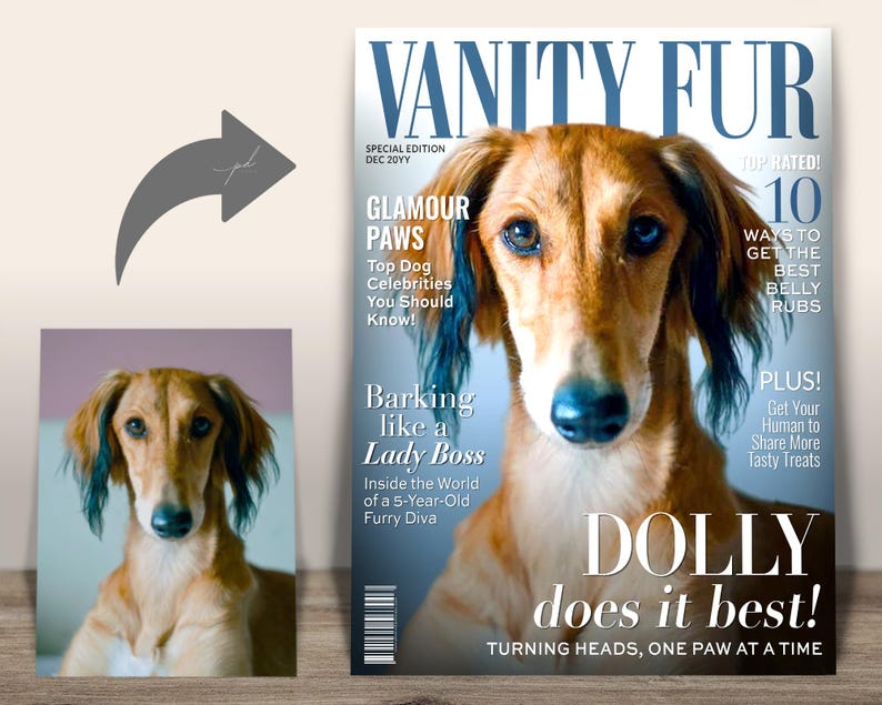 Custom Vanity Fur Magazine Cover — Dog photo turned into Vanity Fur “Dolly Does It Best” glamour-style cover.