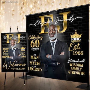 Fondo personalizado para hombre, pancarta de cumpleaños en negro y dorado con foto, elegante decoración para fiesta, fondo de rey negro para 60 cumpleaños de hombre mito y leyenda.