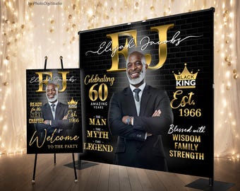 Custom Backdrop for Men, Black Gold Birthday Banner with Photo, Elegant Party Decorations, Man Myth Legend 60th Birthday Black King Backdrop