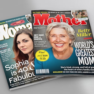 Two Custom Magazines Mockup — Mother and Wonder Woman personalized magazine covers side by side, made-to-order for mom gifts.