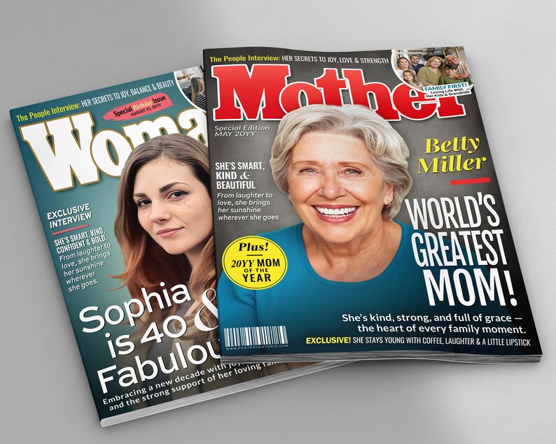 Two Custom Magazines Mockup — Mother and Wonder Woman personalized magazine covers side by side, made-to-order for mom gifts.