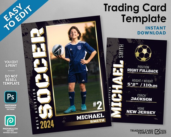 Soccer Cards Template, Soccer Trading Card Template PSD, Grunge and Gold Design, Custom Soccer Gifts, Soccer Team Gifts, Soccer Mom Il_570xn