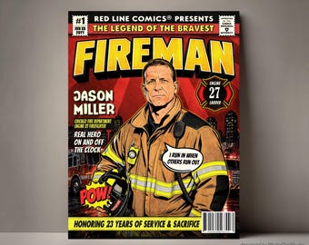 Custom Fireman Comic Book Cover Firefighter Gift, Red Line Gifts for Birthday, Firefighter Retirement Gift, Firefighter Graduation Gift