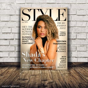 Personalized fashion birthday magazine cover displayed on a brick wall as stylish wall art