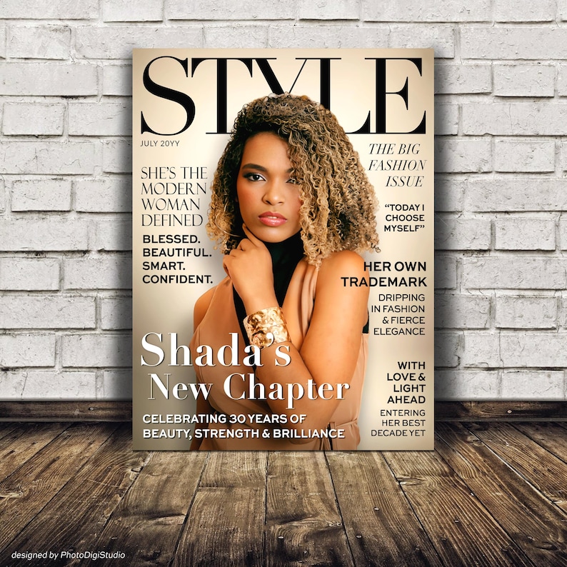 Personalized fashion birthday magazine cover displayed on a brick wall as stylish wall art