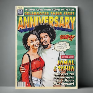 Retrato de pareja personalizado, portada de cómic de aniversario, regalos para parejas, regalos de aniversario de cualquier año para él o ella, retrato de dibujos animados a partir de una foto