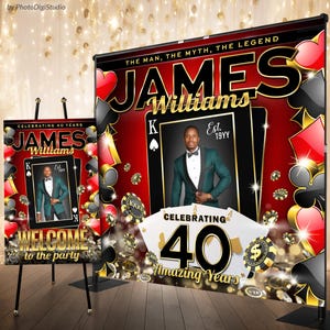 May include: A red and black banner and sign with the text "JAMES Williams" and "CELEBRATING 40 YEARS". The banner features a photo of a person in a green suit, playing card graphics, and casino chips.