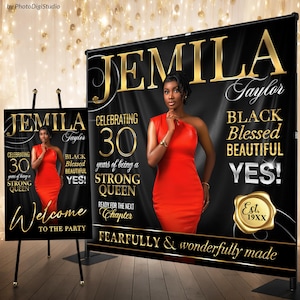 Luxury Birthday Backdrop for Women, Custom Photo Backdrop, Birthday Decor Photo Step Banner Repeat Party Backdrop, Black Gold Welcome Sign