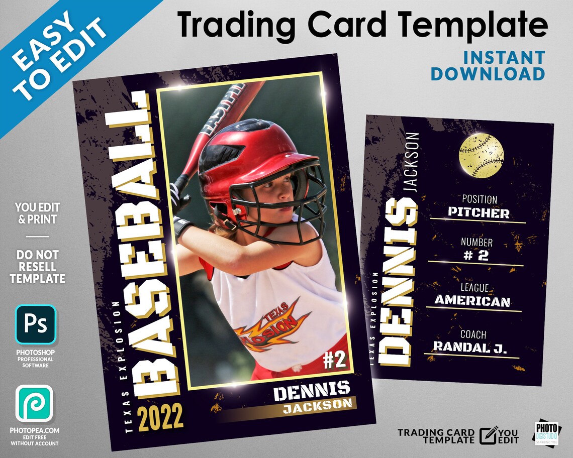 Baseball Cards Template Trading Card Template Grunge and Etsy