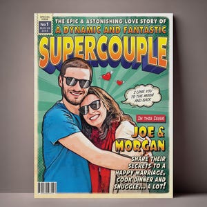 スーパーカップルのカスタムコミックブックカバー、楽しいカップルの漫画コミックのバレンタインギフトのアイデア、記念日のカップルのポートレート、パーソナライズされたカップルのギフト