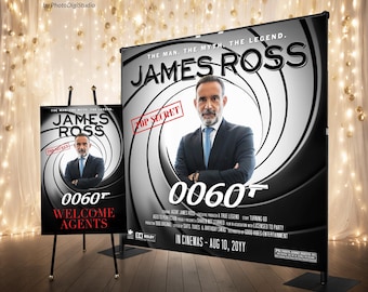 Custom Secret Agent Party Backdrop Spy Themed Party Decor, Personalized Birthday Banner and Movie Poster, Black Tie Welcome Sign for Men
