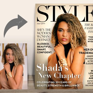 Before and after showing a woman's photo transformed into a personalized fashion magazine cover