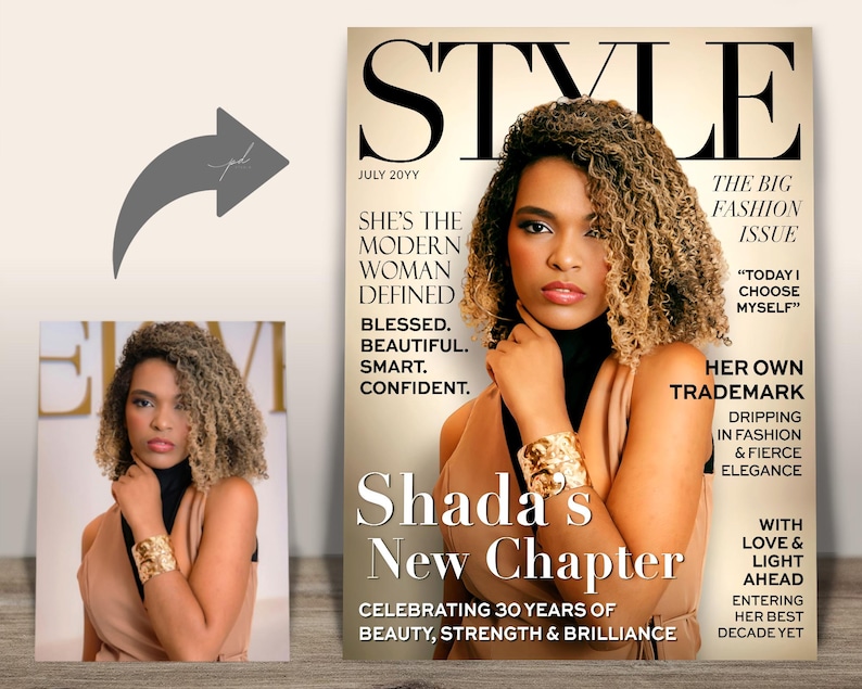 Before and after showing a woman's photo transformed into a personalized fashion magazine cover