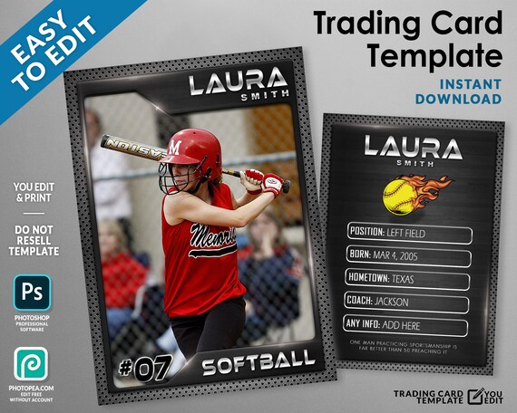 Softball Card Template, Softball Trading Card Template, Softball Gifts for Team, Softball Mom, Graphite Template PSD Fully Customizable Il_570xn
