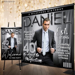 Custom Photo Backdrop for Men, Elegant Magazine Backdrop Black Silver, Personalized Birthday Backdrop 60th 50th 40th Birthday Party Backdrop