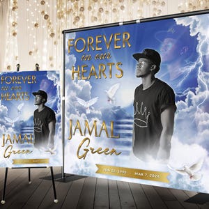 Forever In Our Hearts Backdrop, Blue Heaven&#39;s Stairway Memorial Background for Funeral, Custom Funeral Backdrop with Photo, Repass Backdrop