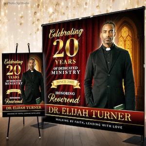 May include: A promotional banner and easel display featuring a man in a black suit and clerical collar. The banner reads "Celebrating 20 Years of Dedicated Ministry" with the name "Dr. Elijah Turner." The background is a church interior with red curtains.