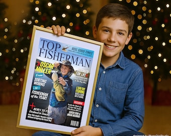 Custom Fishing Magazine Cover for Kids, Fishing Gifts for Boys, Fun Fishing Gift for Son Grandson, Young Angler Personalized Fisherman Gift