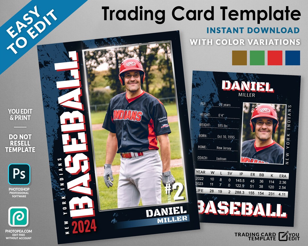 Pro Baseball Trading Card Template With Stats & Color Etsy