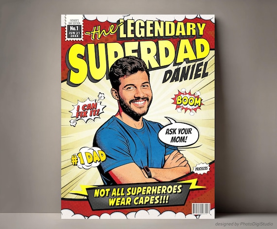 Super Dad Custom Comic Book Poster, Personalized Fathers Day Presents for Stepdad Grandad, Dad Gift from Son, Husband First Fathers Day Gift