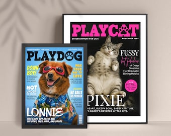 Custom Pet Magazine Playdog Poster Playcat Cover, Personalized Dog Gifts, Cat Lovers Gifts, Fun Pet Dog Wall Art Portrait, Dog Mom Gifts