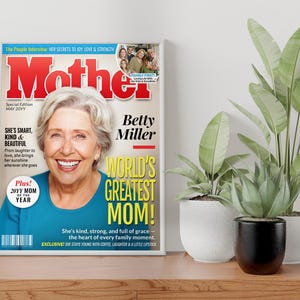 Desk Display Mockup — World’s Greatest Mom custom magazine cover displayed on shelf, made-to-order gift for her.