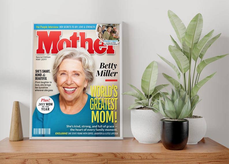 Desk Display Mockup — World’s Greatest Mom custom magazine cover displayed on shelf, made-to-order gift for her.