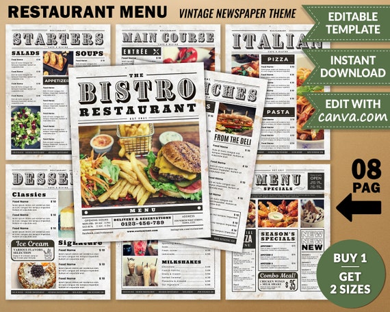 Restaurant Menu Template 8 Pages Large Menu Structure, Fast Food Menu Template, Bistro Bar Menu Template Card, Vintage Newspaper Theme Canva Il_570xn