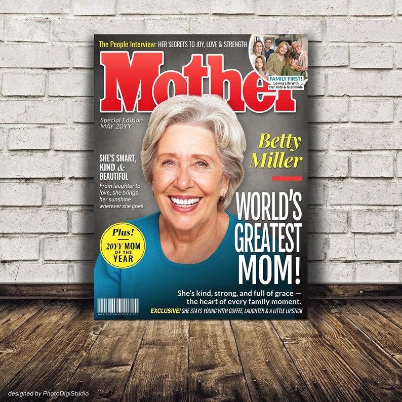 Magazine Poster Display on Wood Floor — Personalized Mother magazine cover print leaning on wall, perfect Mother’s Day or birthday gift.