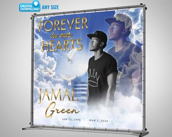 Forever In Our Hearts Backdrop, Blue Heaven's Stairway Memorial Background for Funeral, Custom Funeral Backdrop with Photo, Repass Backdrop