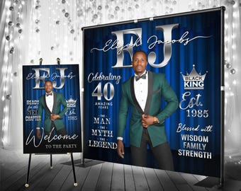 Elegant Birthday Backdrop for Men, Black King Custom Backdrop, Any Age Birthday Party Decorations, The Legend Royal Silver Birthday Banner