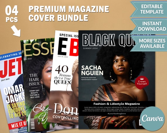 Black Culture Magazine Cover Template Bundle, Custom Magazine Cover Fully Editable Template, Black Queen Ebony Essence Jet Canva Template Il_570xn