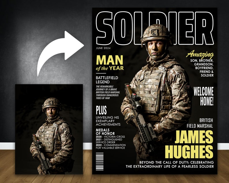 Army Gift Soldier Custom Magazine Cover, Personalized Military Portrait, Army Retirement Gift for Navy Marine Air Force, Army Gift for Him image 2