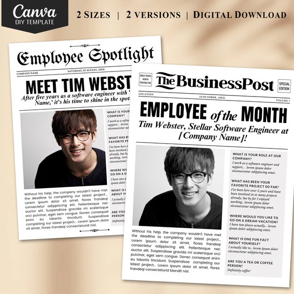 Employee Spotlight Newsletter Template Printable Employee of the Month Template with Photo Newspaper Template, Meet the Team, Fully Editable